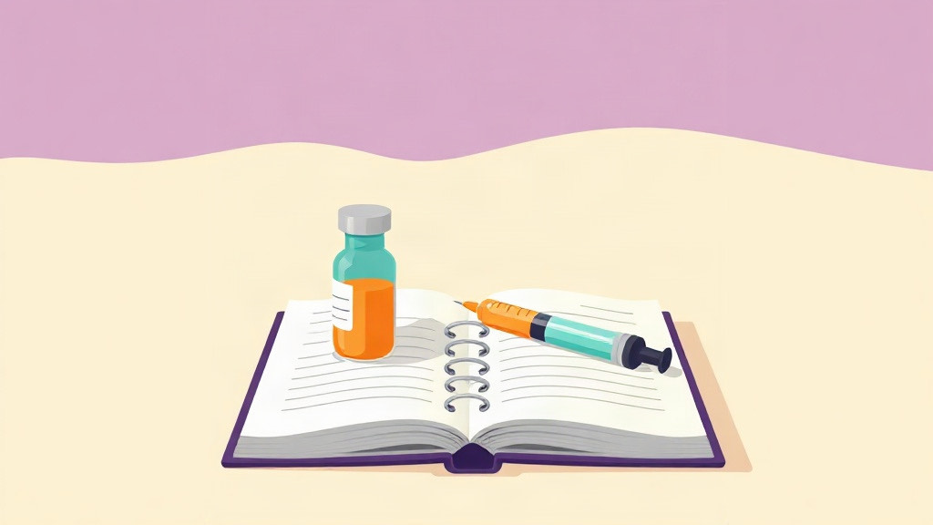 Tracking compounded semaglutide: a medicine vial and syringe beside a notebook of dose measurements