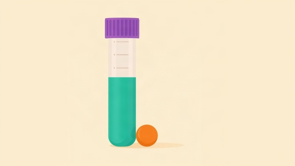 Compounded GLP-1s: a teal vial with a purple cap beside a small orange circle