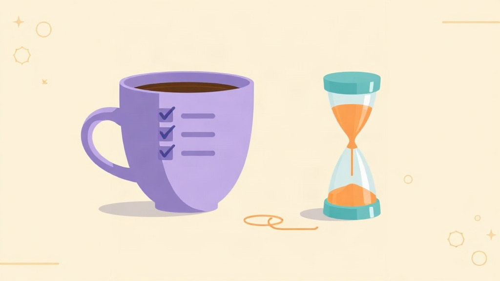 Daily GLP-1 logging routine: a four-item checklist beside a coffee cup and a two-minute timer