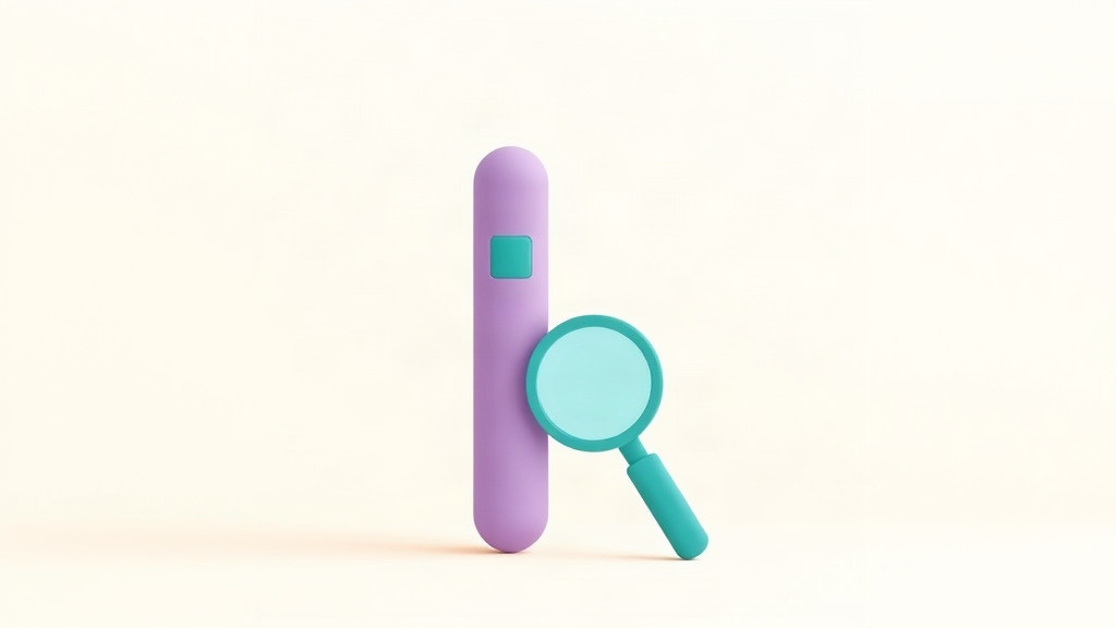 A purple pen-shaped device standing upright beside a teal magnifying glass