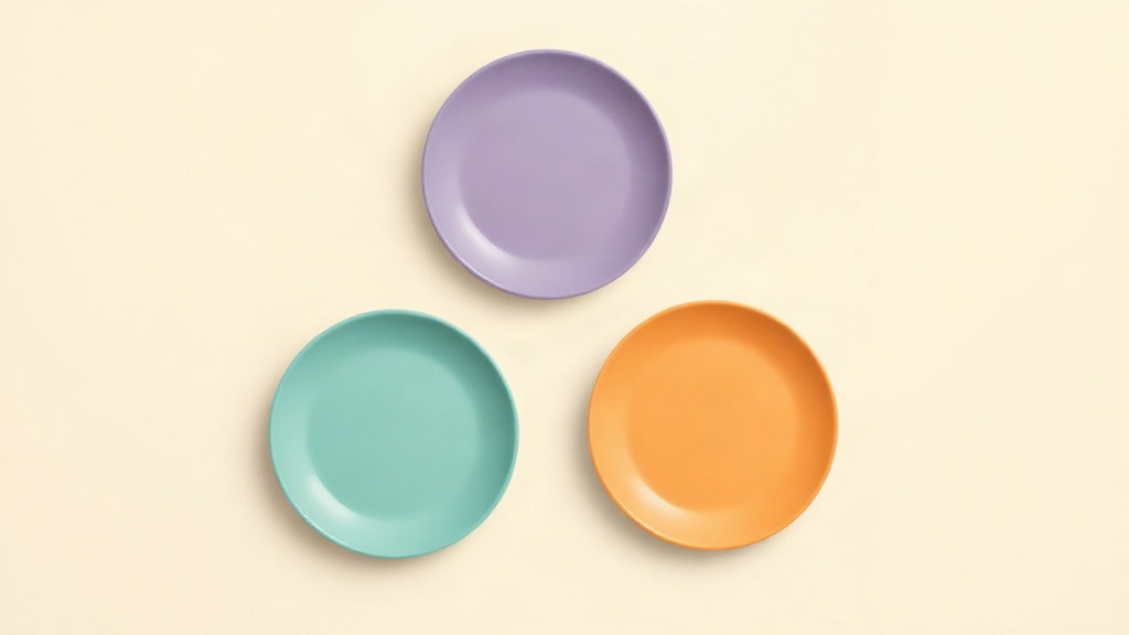 Food and identity on a GLP-1: three empty plates in purple, teal and orange seen from above
