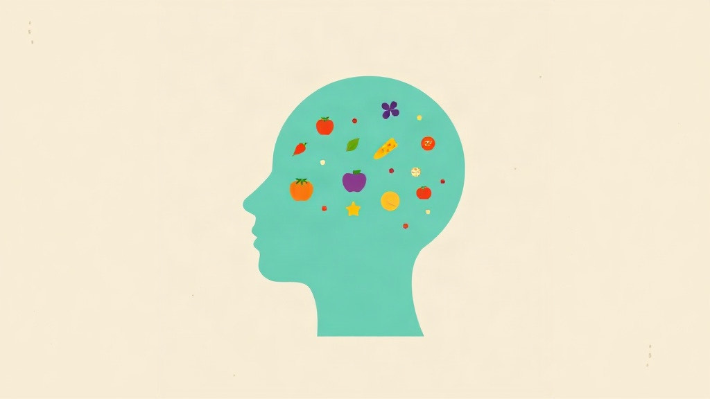 Food noise on GLP-1 medication: food thoughts dissolving into quiet inside a head silhouette