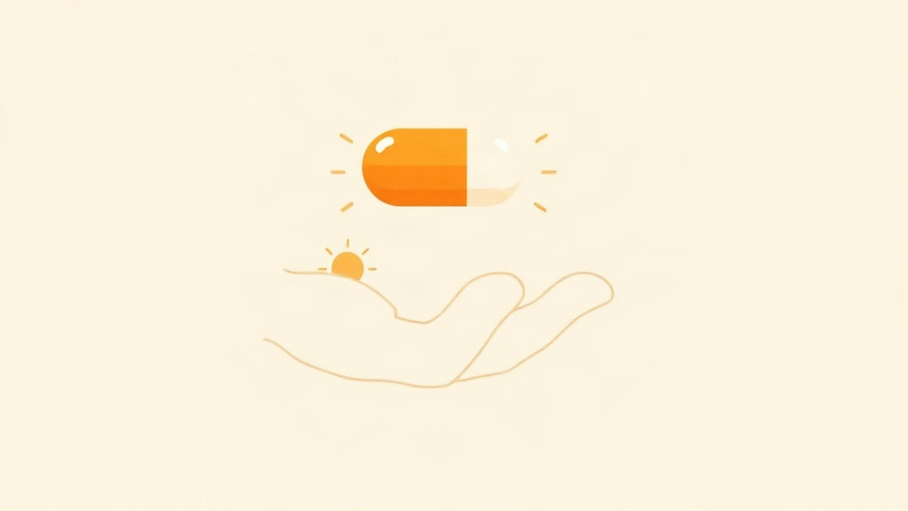 Foundayo orforglipron daily GLP-1 pill above an open hand with a sunrise and a week of dose circles