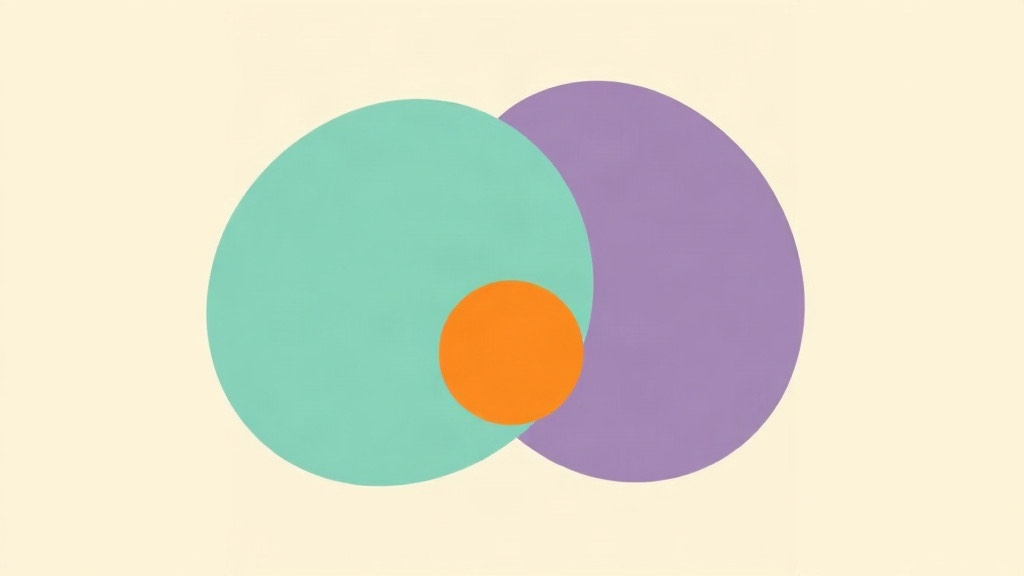 Two overlapping rounded shapes, one teal and one purple, with an orange circle where they overlap
