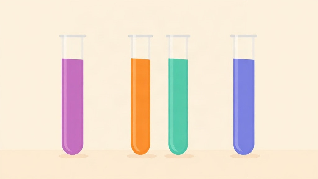 Blood work on a GLP-1: four test tubes filled with purple, orange, teal and blue liquid