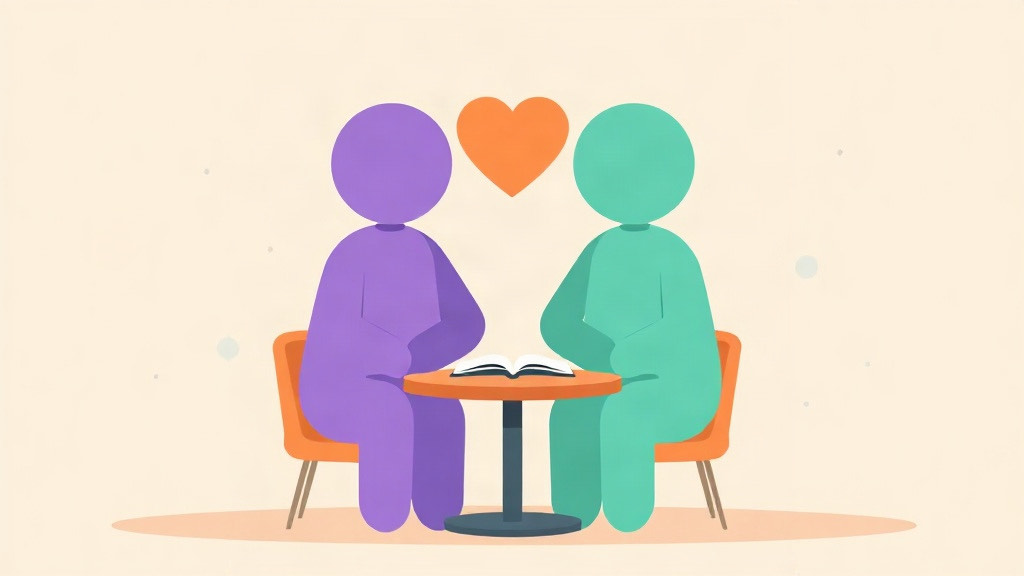 Caregiver support on a GLP-1: two figures at a small table with an open log and a heart between them
