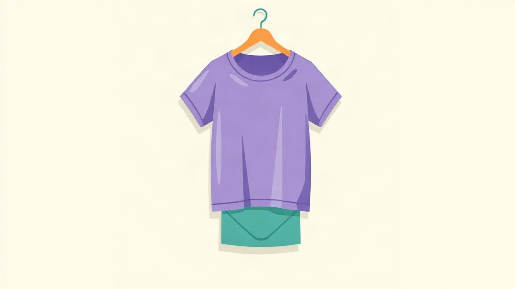 A purple t-shirt on an orange hanger with a folded teal garment behind it
