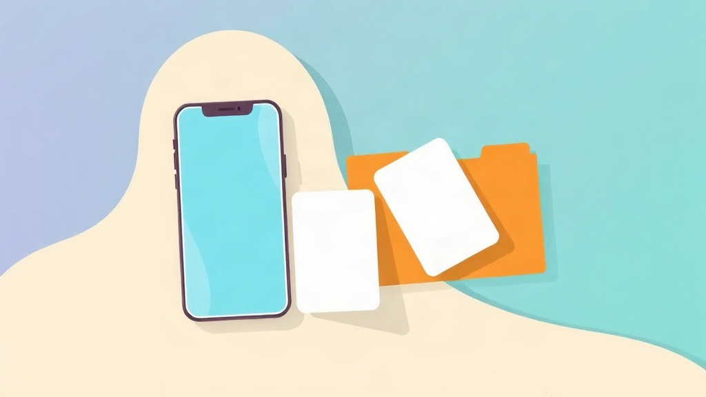 Exporting GLP-1 data: blank sheets moving from a phone with a blank screen into an orange folder