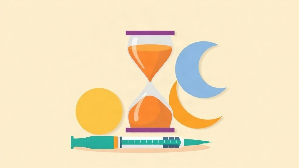 Time changes and daily GLP-1s: an hourglass between a sun and crescent moons above a syringe