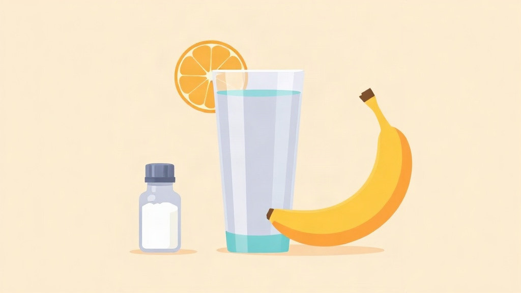 Electrolytes on a GLP-1: a glass of water with a banana, an orange slice and a jar of rehydration powder