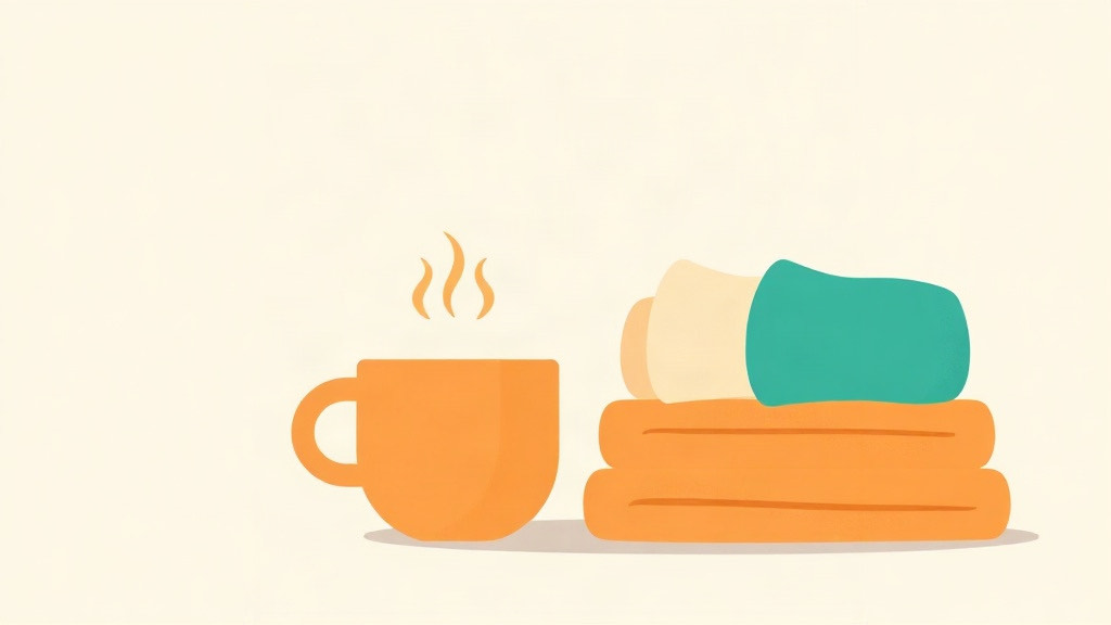 Feeling cold on a GLP-1: an orange mug with rising steam beside a stack of folded orange and teal blankets
