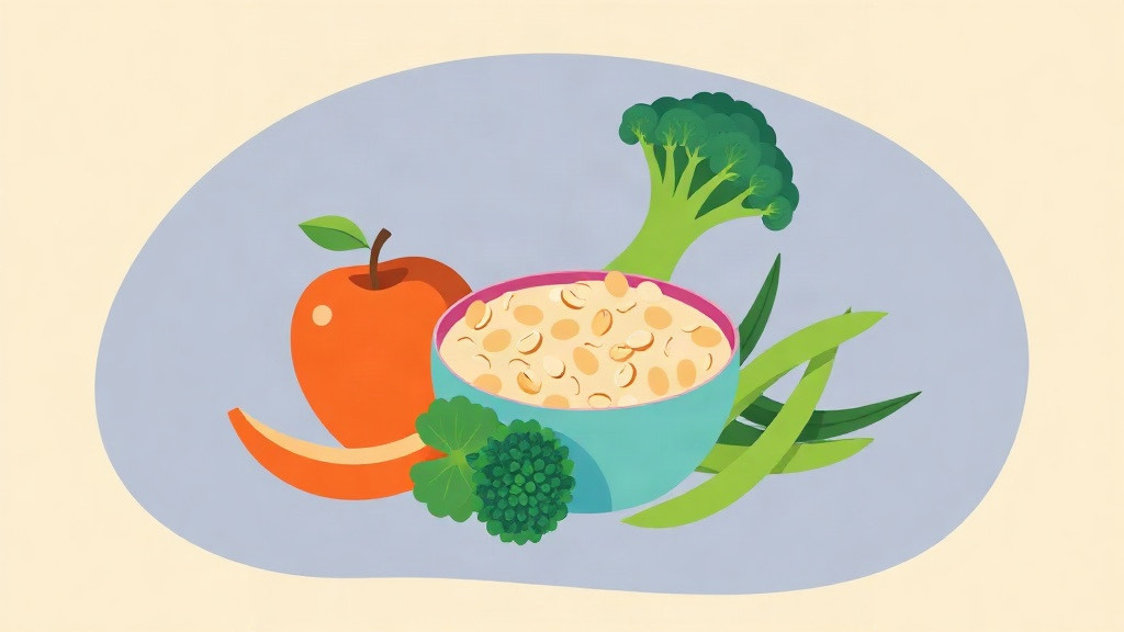 Fiber for GLP-1 constipation: oats, an apple, broccoli and beans around a digestion wave