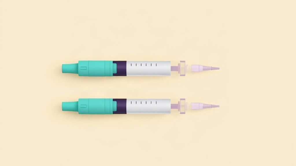 Generic liraglutide: two identical injection devices lying one above the other on a cream background
