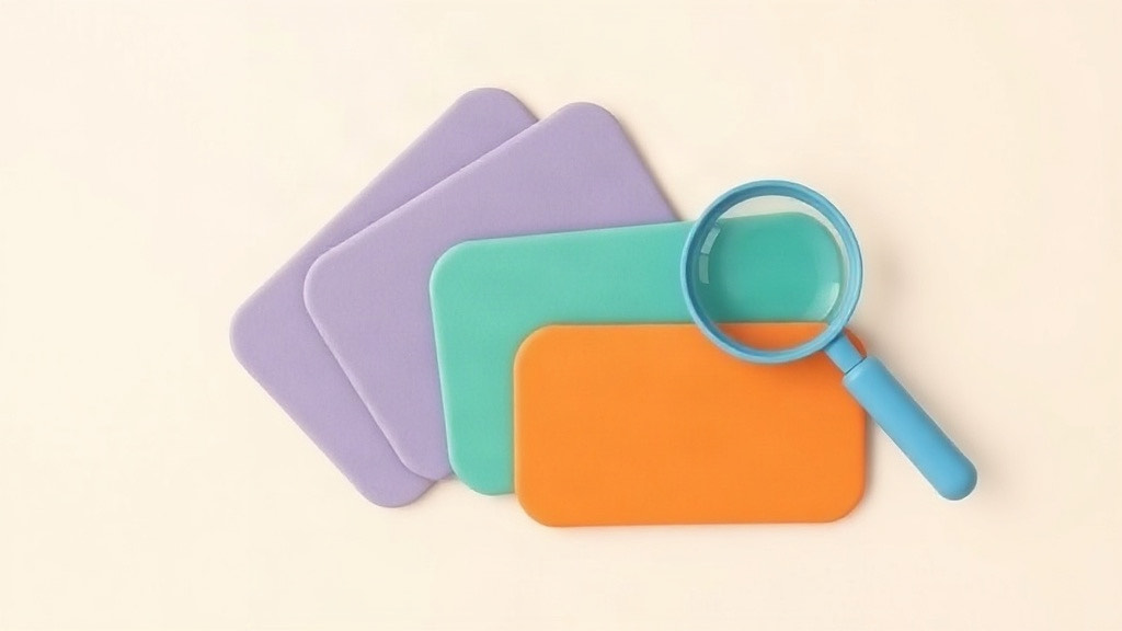 GLP-1 glossary: a fan of blank purple, teal and orange cards beside a blue magnifying glass