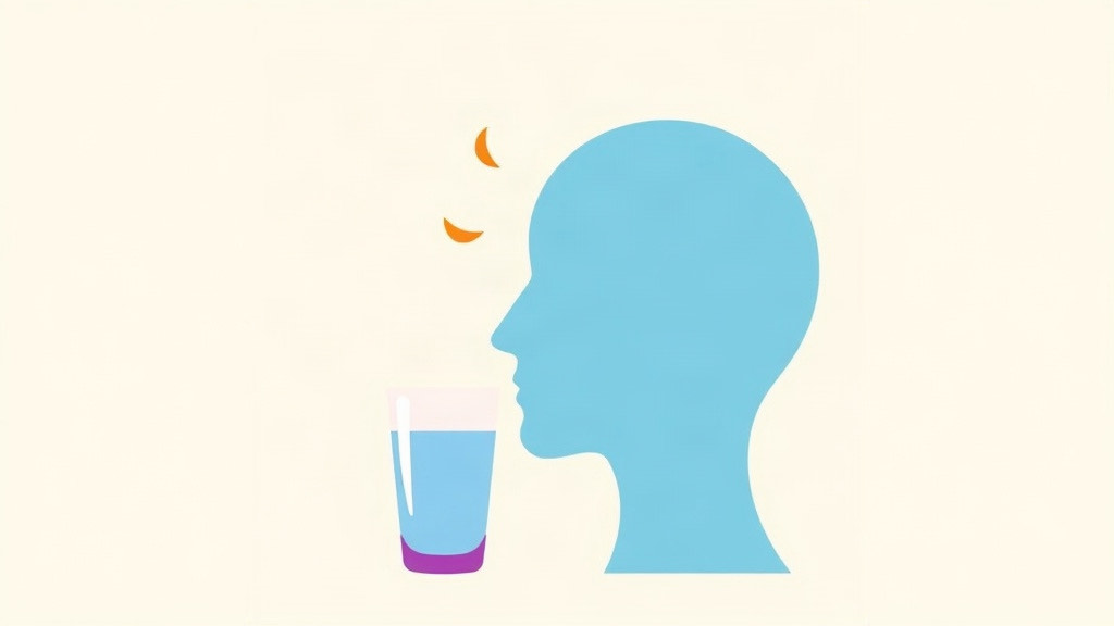 Headaches on a GLP-1: a head in profile with pain arcs beside a glass of water for hydration