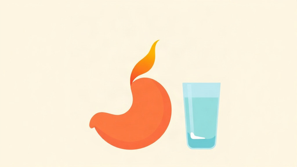 Heartburn and reflux on a GLP-1: a stomach with a flame above it beside a glass of water