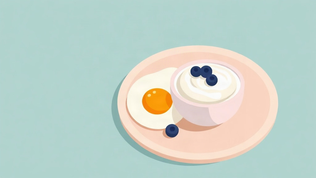 High-protein GLP-1 breakfast: a fried egg beside a bowl of yogurt topped with blueberries