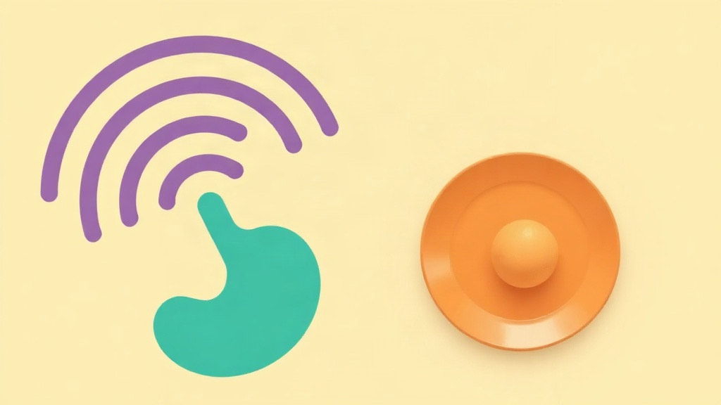 Hunger and fullness signals on a GLP-1: four purple arcs from a teal stomach, one portion on an orange plate