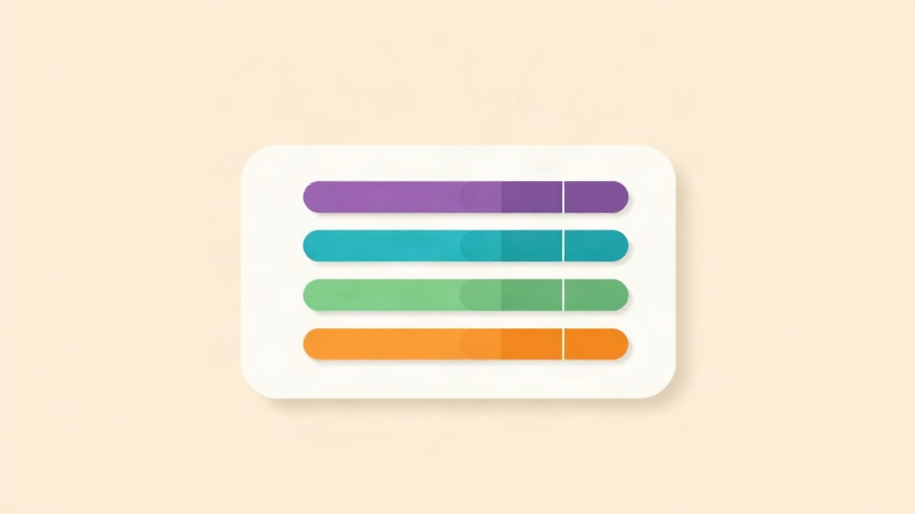 A white card holding four stacked bars in purple, teal, green and orange