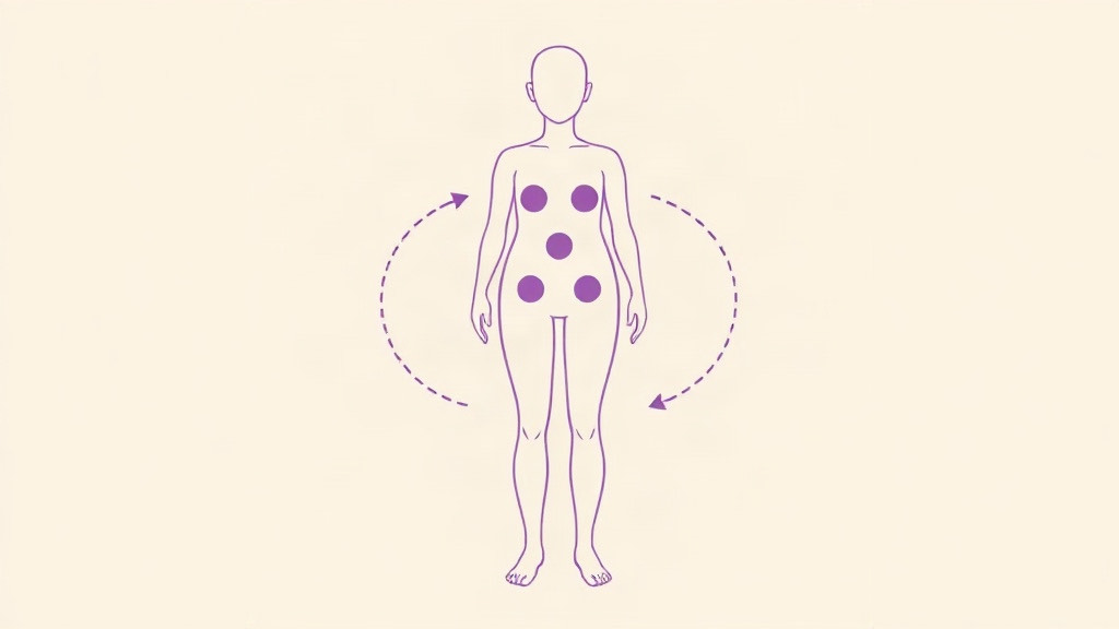 GLP-1 injection site rotation body map showing abdomen and thigh zones linked by a rotation arrow