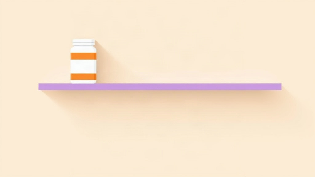 GLP-1 shortages: a single medication bottle left at one end of a long empty pharmacy shelf