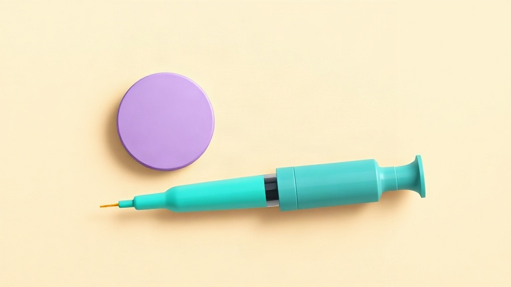 Metformin plus a GLP-1: a round purple tablet beside a teal injection syringe on a cream background