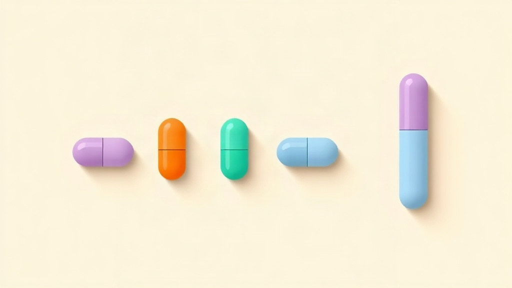 GLP-1s after 65: a row of four small colored capsules beside one taller capsule shape