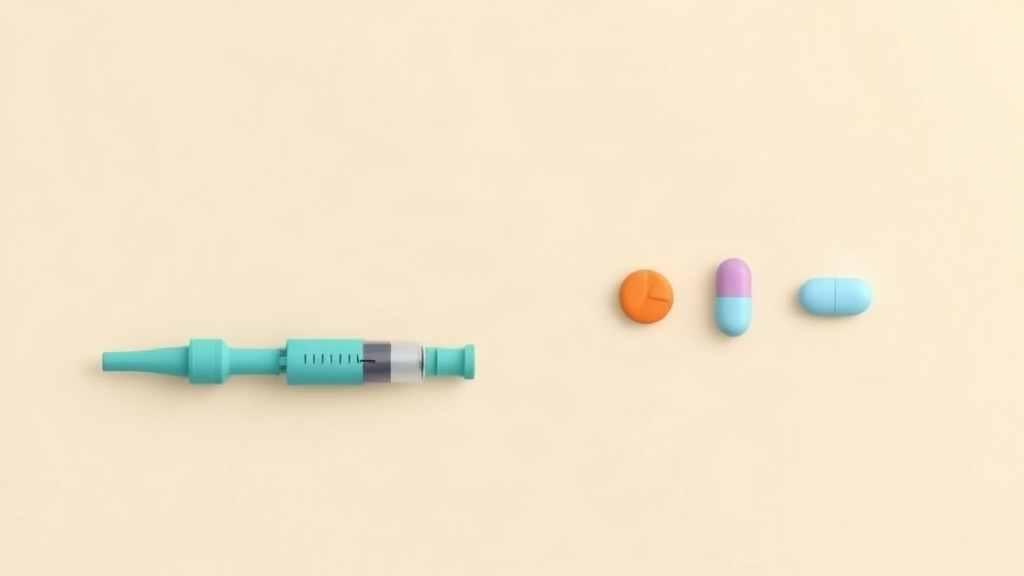 GLP-1s and other oral pills: an injection pen set well apart from three spaced-out tablets