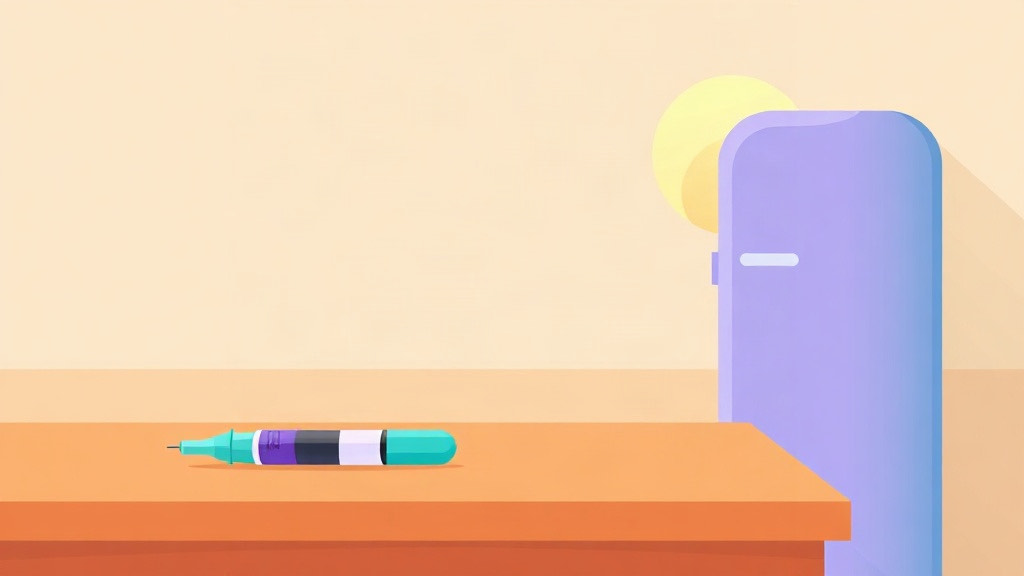 GLP-1 pen left out overnight: a pen on the kitchen counter with the closed fridge and morning sun behind