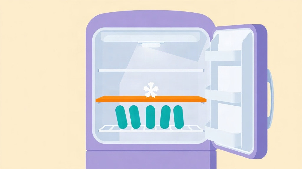 GLP-1 pen storage: teal injection pens on a lower fridge shelf below a snowflake marking the cold zone