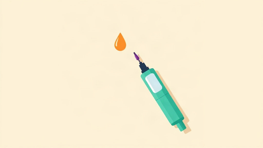 GLP-1 pen troubleshooting: a teal injection pen pointing upward with a single orange droplet above its needle tip