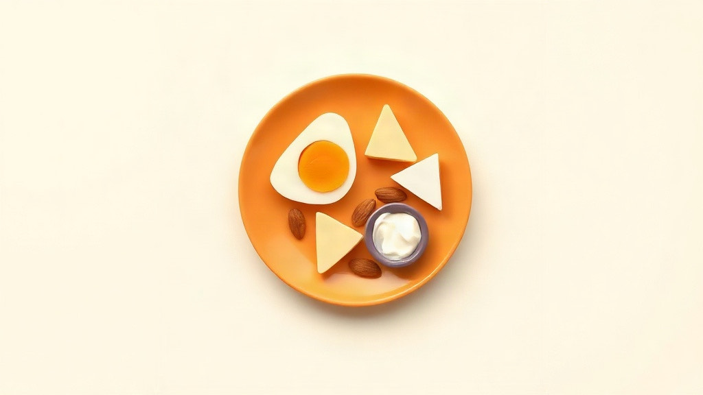 GLP-1 protein snacks: a small orange plate with a halved egg, cheese, almonds and a cup of yogurt