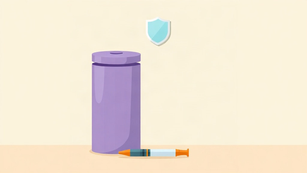 Sharps disposal at home: a lidded purple sharps container with a used pen beside it and a safety shield