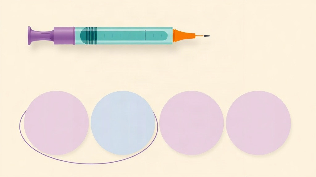 GLP-1 shot tracker: an injection pen above a week of dose circles with shot day checked off