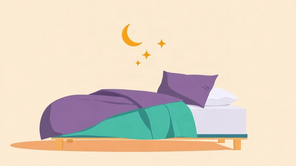 Sleep and GLP-1 weight loss: a bed with a folded duvet under a crescent moon and three stars