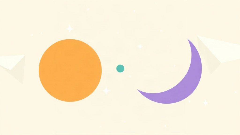 Time of day on a GLP-1: an orange sun and a purple crescent moon with a teal dot between them