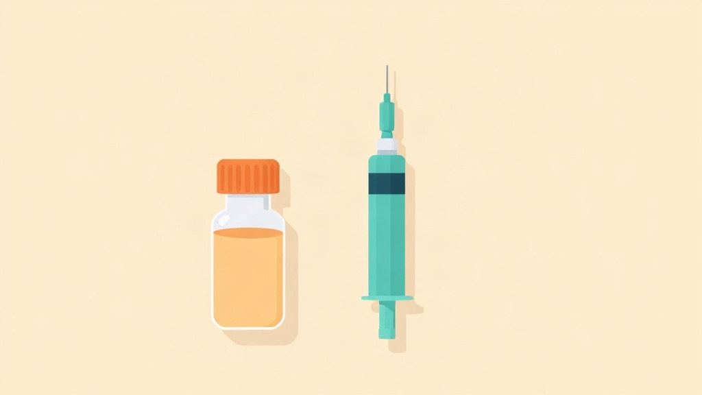 GLP-1s and insulin: a small vial with an orange cap beside a teal syringe on a cream background