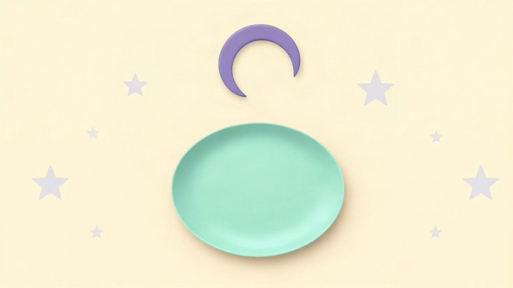 Late-night eating on a GLP-1: a purple crescent moon above an empty teal plate