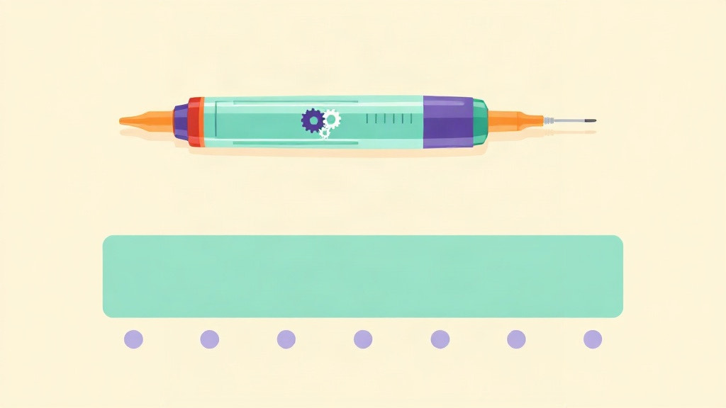 Mounjaro tracker: a tirzepatide injection pen with dual-action gears above weekly dose dots