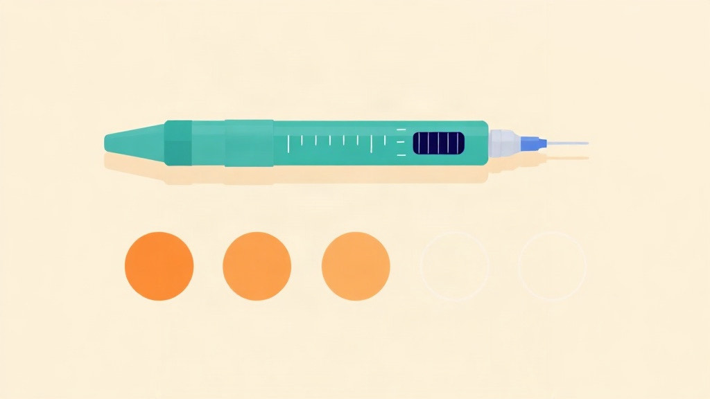 Counting doses in a multi-dose pen: a teal pen above three orange circles and two empty ones