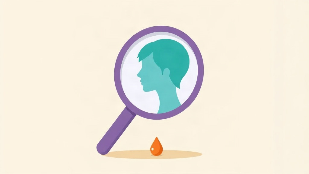 Ozempic face explained: a purple hand mirror showing a teal side-profile silhouette, a small orange droplet