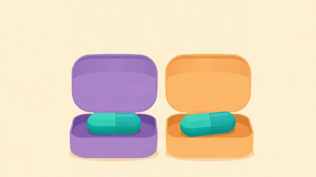 Ozempic vs Wegovy: two identical teal capsules, one in a purple box and one in an orange box