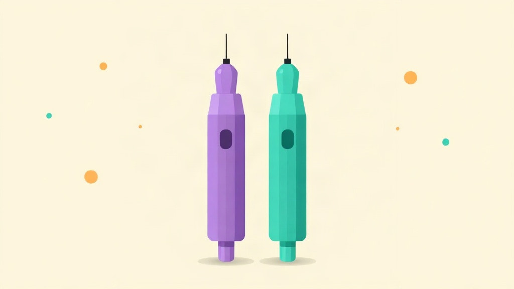Semaglutide and tirzepatide compared: a purple pen and a teal pen side by side amid scattered dots