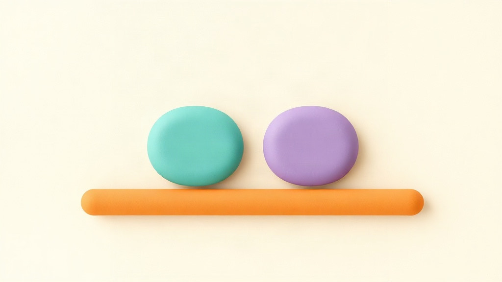 Two near-identical rounded shapes, one teal and one purple, resting side by side on a single orange bar