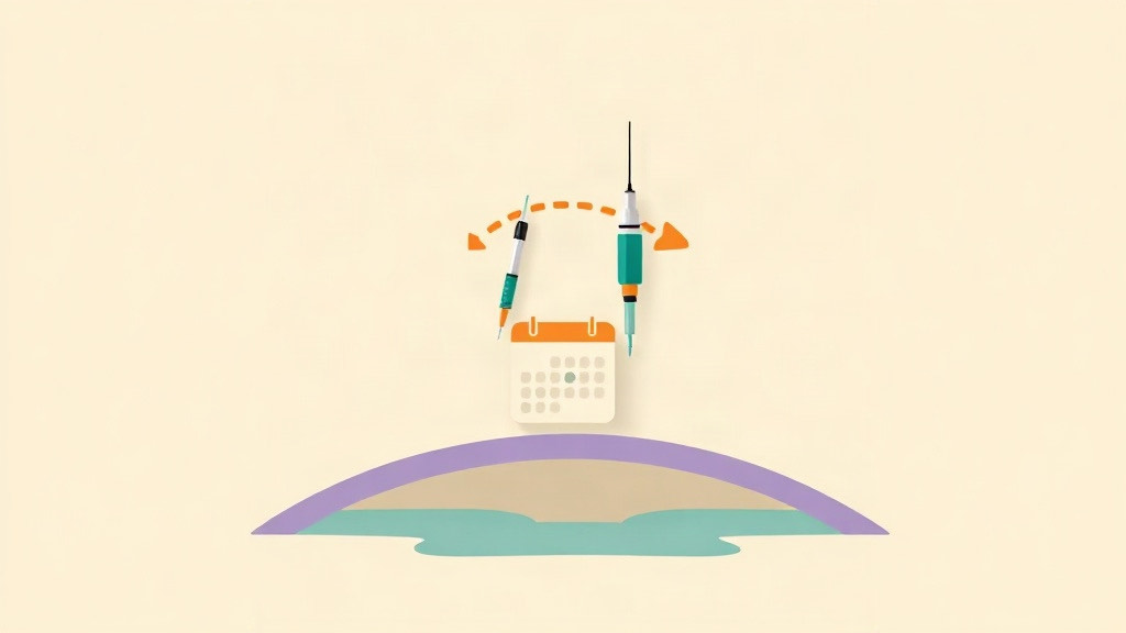 Switching GLP-1 medications: two injection pens linked by an arrow across a calendar