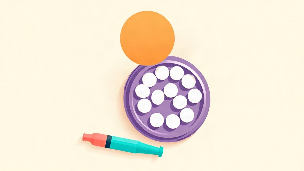 Tirzepatide and the pill: white tablets in a round purple compact under an orange circle, a teal pen below
