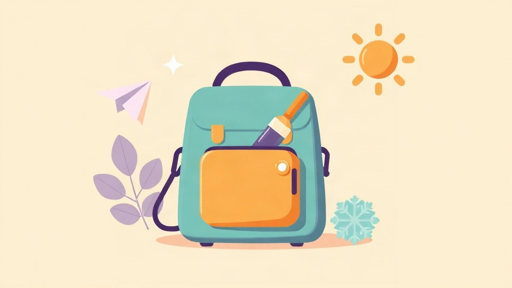 Traveling with GLP-1 medication: a cooler bag with an injection pen, plane, sun and snowflake