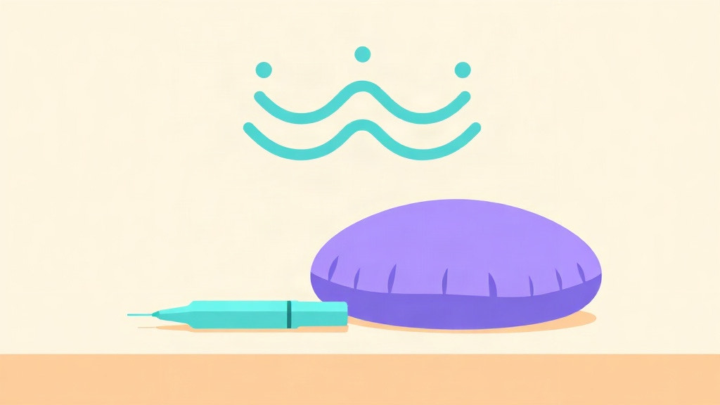 Zepbound and sleep apnea: a purple pillow with calm teal breathing waves and an injection pen